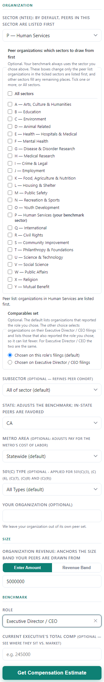 The Executive benchmark form with sector, state, revenue and role filled in.