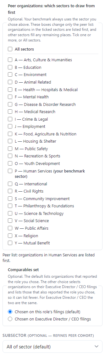 The optional settings on the Executive form: peer organizations by sector, the comparables set choice and the subsector.
