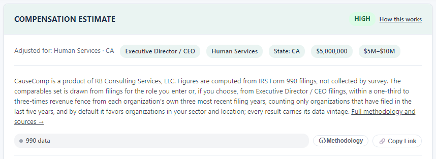 The Get Compensation Estimate button and the header of the results after a run.