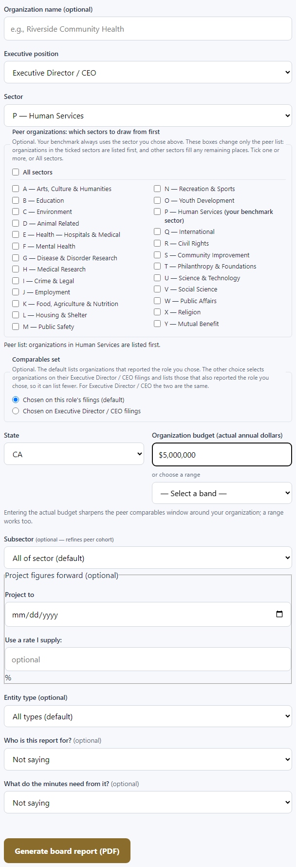 The board report form with the position, sector, state and budget filled in.