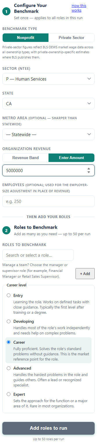 The Workforce configure step, with benchmark type, sector, state and revenue filled in.