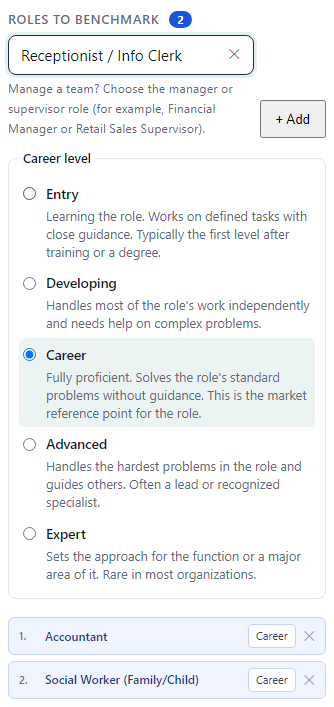 The Workforce roles queue with the career level selector open.