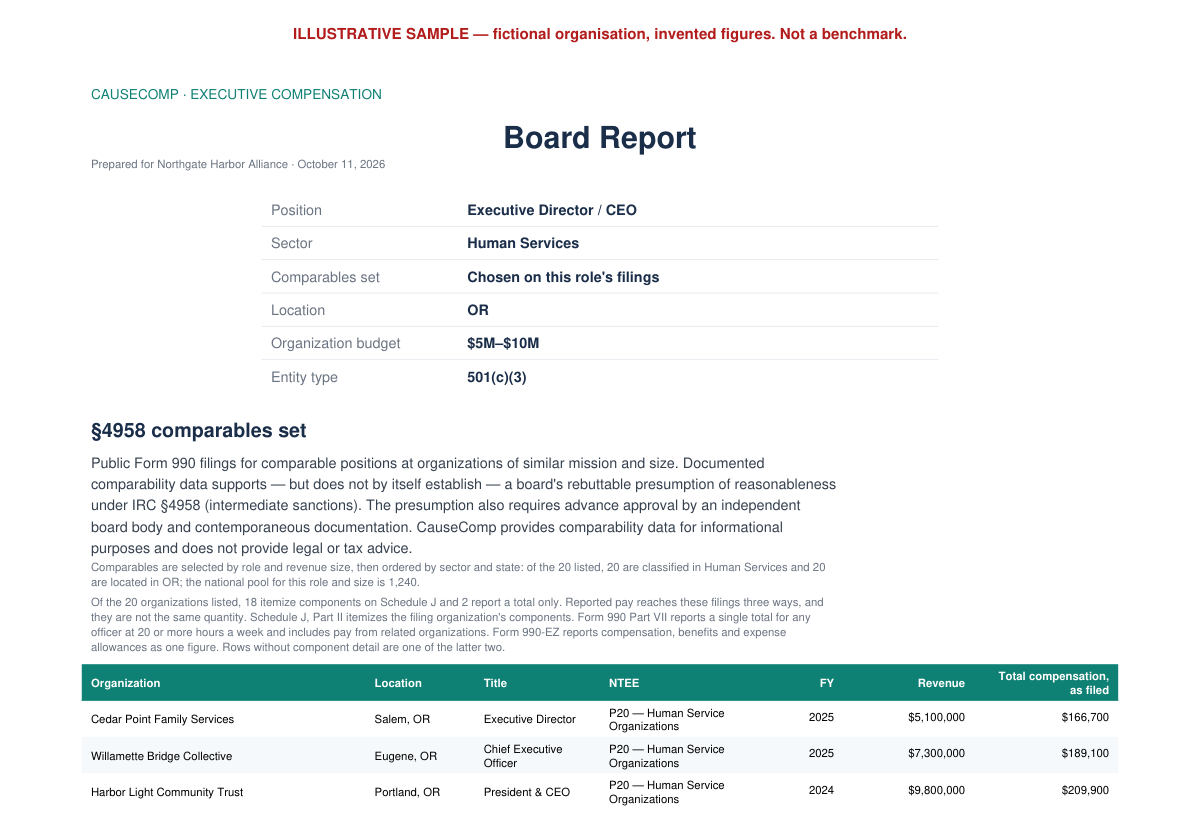 First page of a sample CauseComp Board Report for a fictional organization, showing the position details and the start of the comparables table.